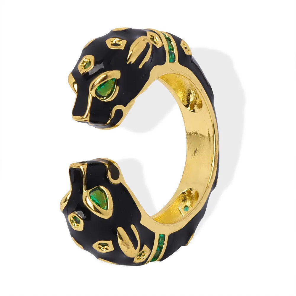 Black cheetah print open geometric ring for women, size No.7, made from electroplated copper.
