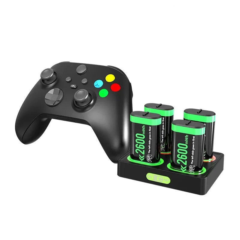 Black ABS battery charging base for Xbox One, Xbox Series S and Xbox Series X controllers, 147 x 139 x 22 mm