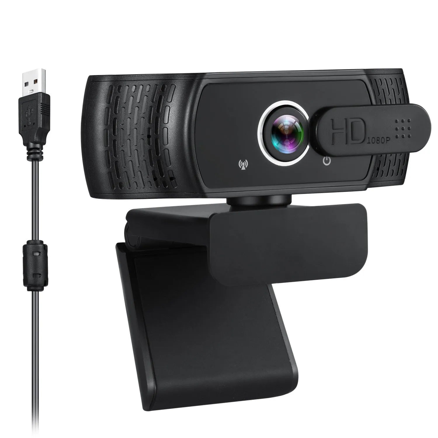 Black USB computer webcam with built-in microphone mounted on a laptop screen.