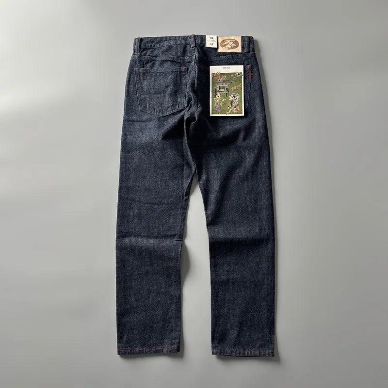 Men's straight leg trousers in cotton denim with American retro styling and mid-rise waist