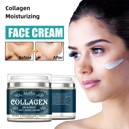 Collagen face cream in a blue container, designed to hydrate and rejuvenate the skin for a youthful, radiant appearance.