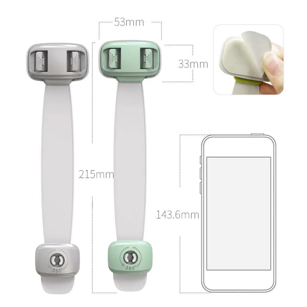 Adjustable child safety cabinet lock strap with 3M adhesive backing in grey colour