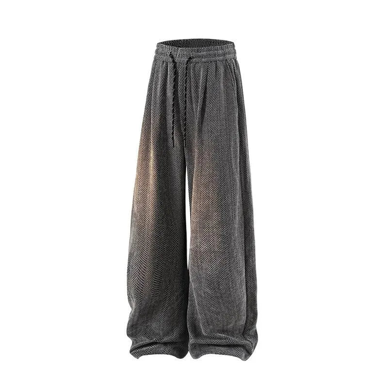 Light grey straight-leg casual trousers with a fleece lining and elastic waistband on a hanger.