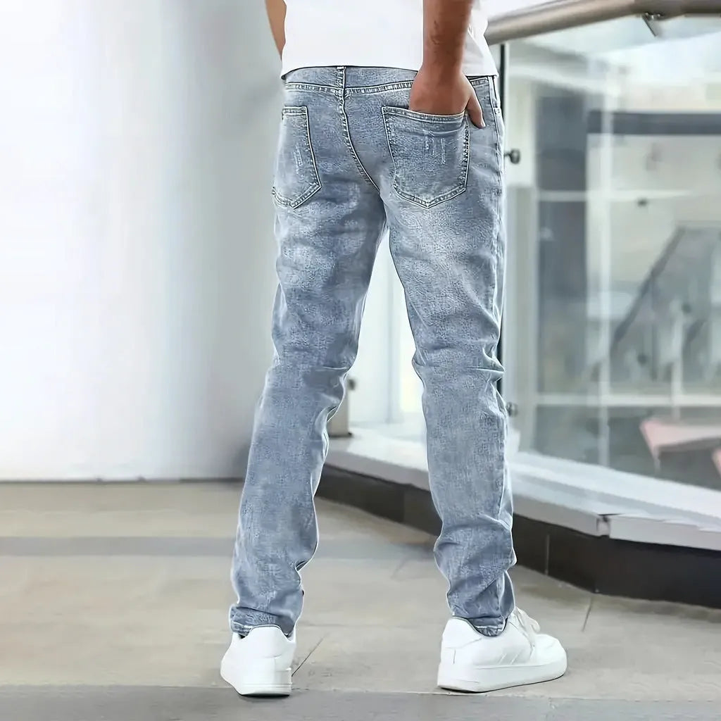 Men's straight leg skinny fit stretch jeans in black, grey and dark blue colours showing front and back views