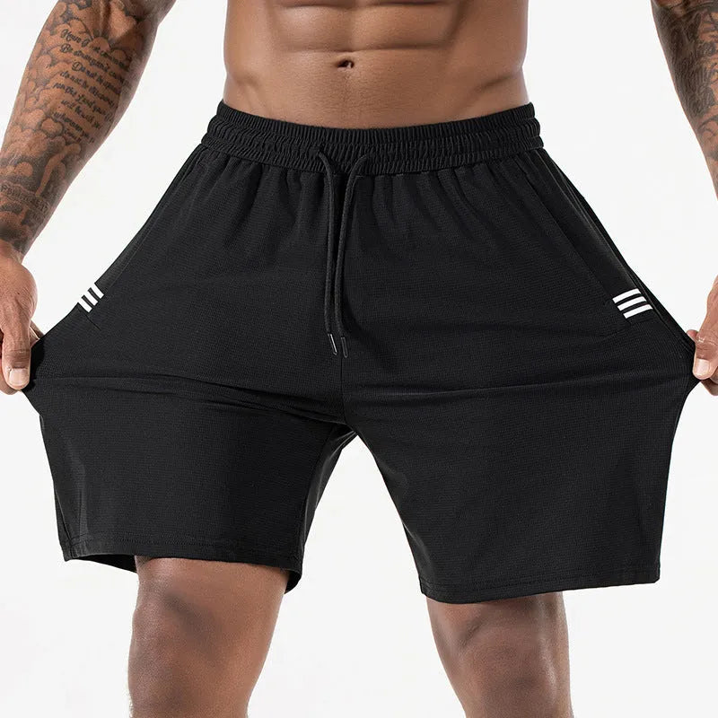 Men's black Ice Silk nylon quick-dry sports shorts with a high waist drawstring and cropped leg.
