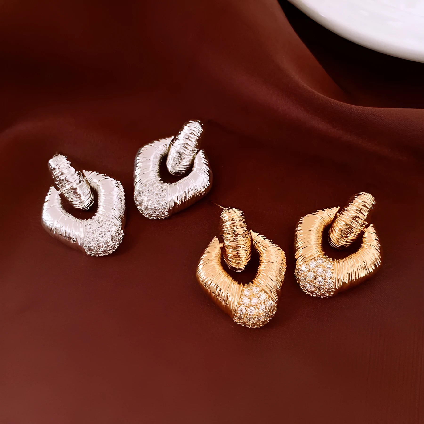 Copper diamond stud earrings with quadrilateral shape and silver needle finish for women