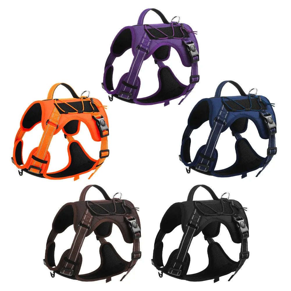 Explosion-proof reflective dog harness with an attached hand-holding rope in orange colour.