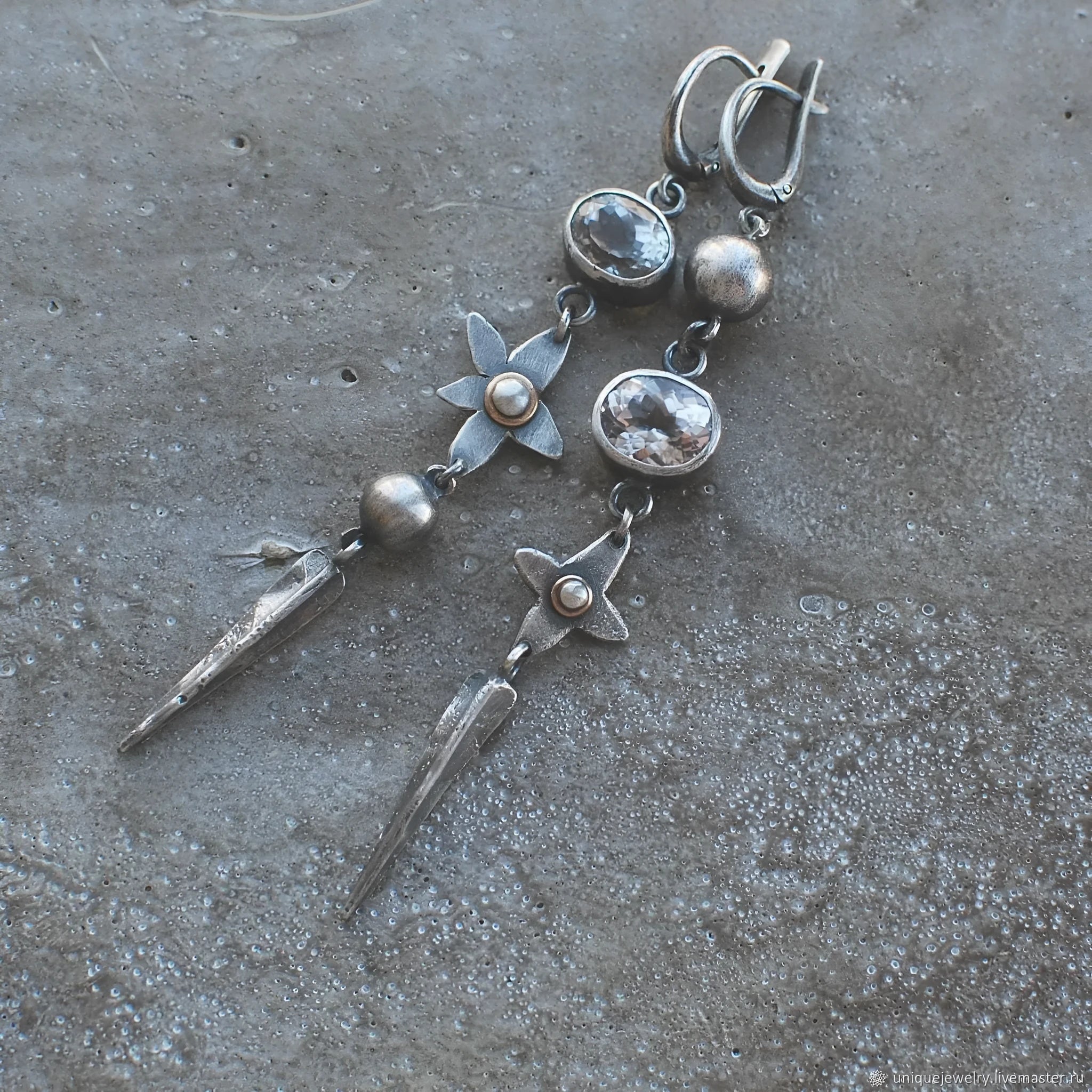 Geometric XINGX pendant earrings in antique silver finish with long drop design