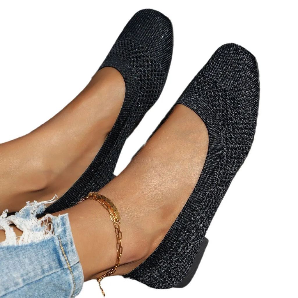 Large size women's mesh breathable flat pumps in black, beige, dark blue, or light blue, sizes 36-43