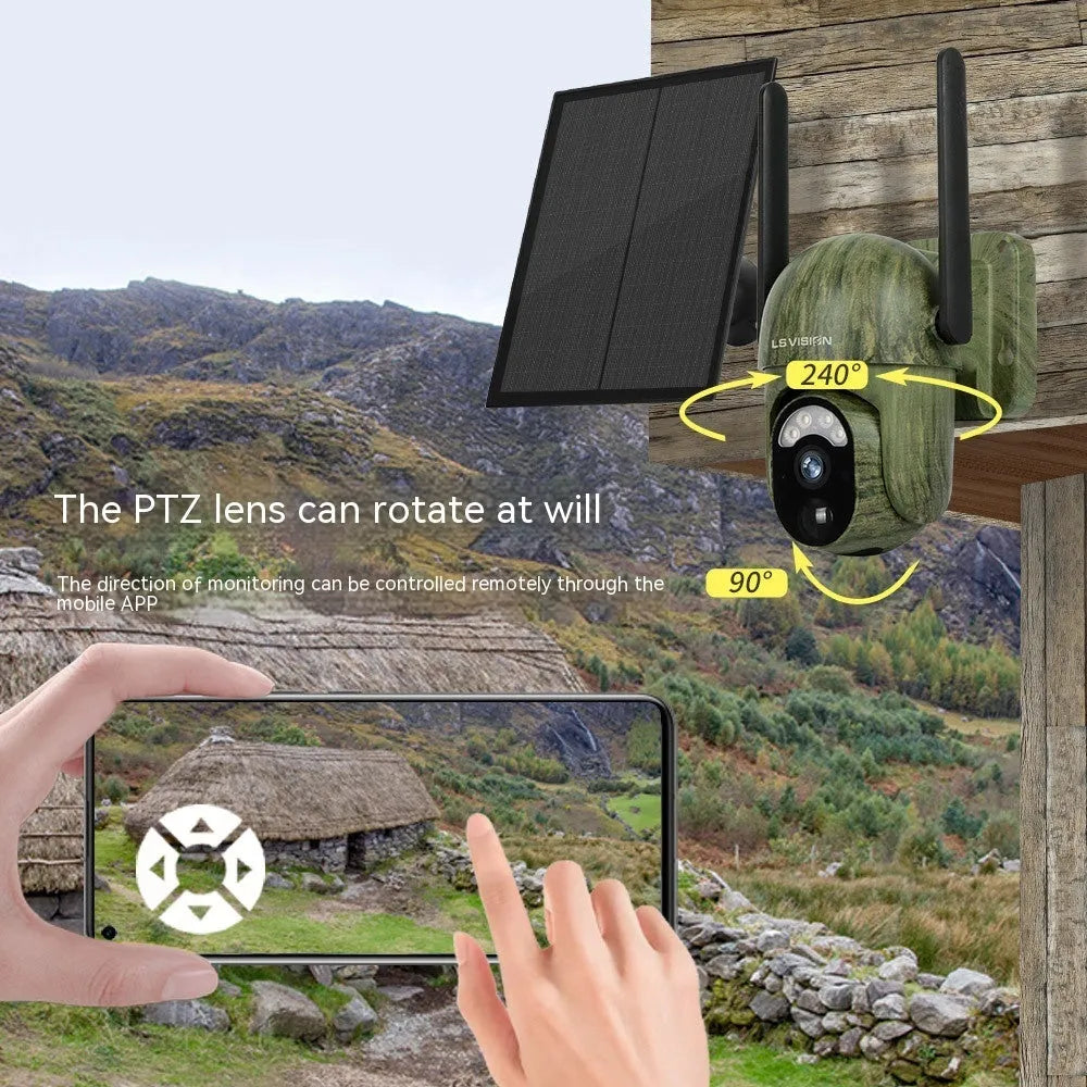 Camouflage 4G solar camera with 2K full colour lens, ABS body, and screw mount for outdoor use