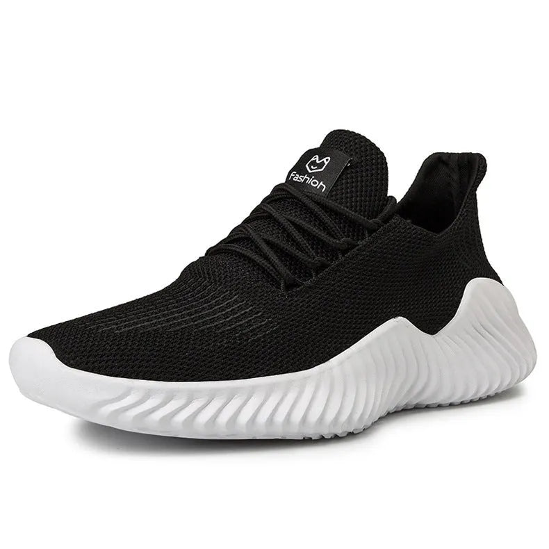 Men's breathable ultra-light running shoes with white upper and grey sole, side view