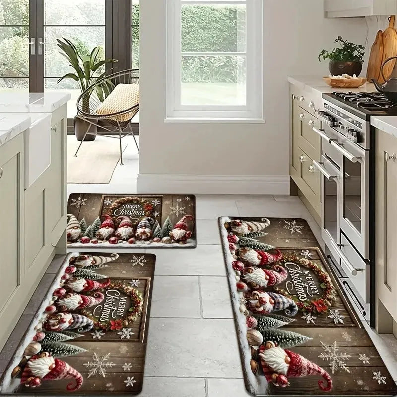 Christmas cartoon kitchen mat set of 2, anti-slip polyester doormat with skin-friendly suede finish, square printed rug