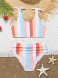 Girls' two-piece plaid print swimsuit with bra top and briefs for swimming.
