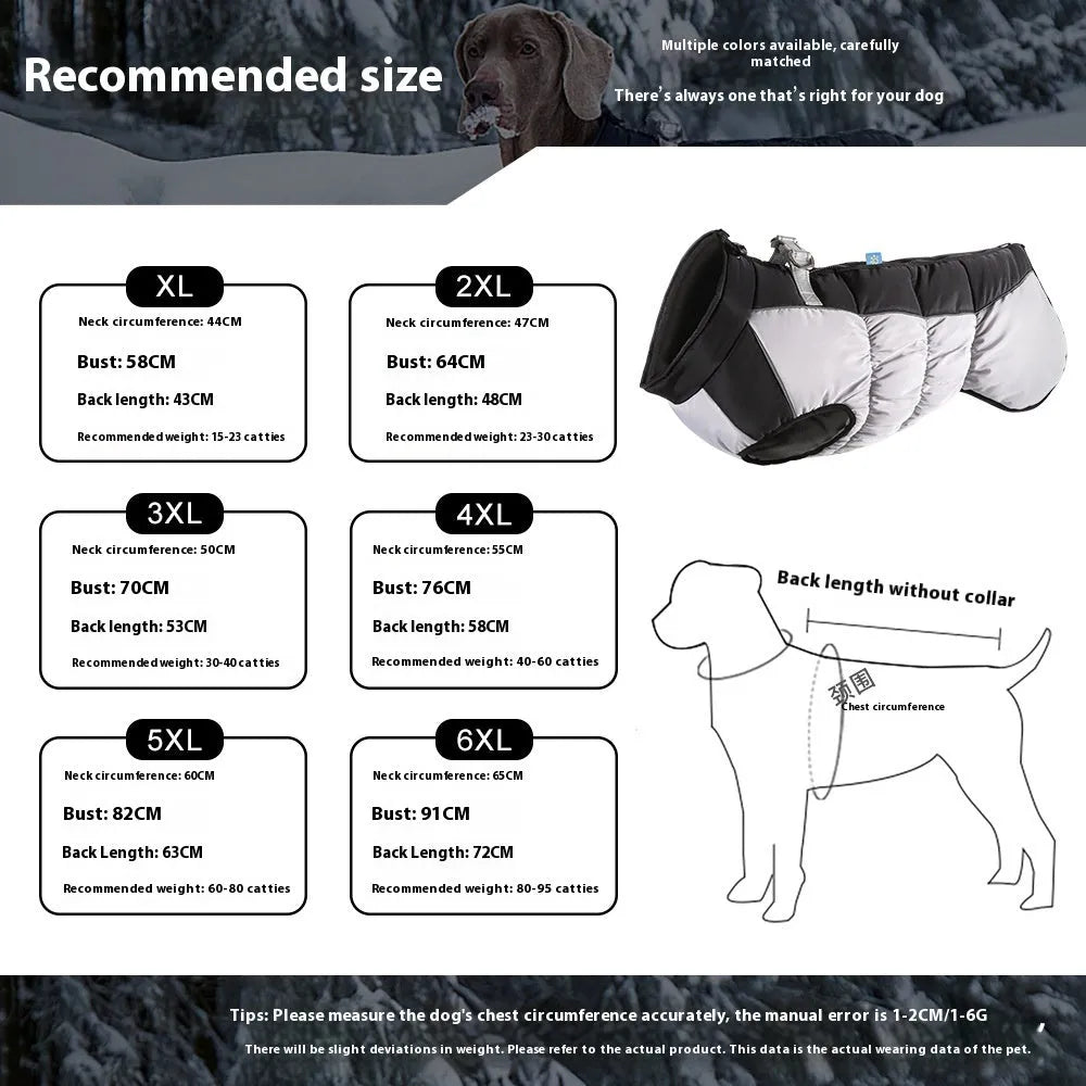 Large dog wearing a blue reflective waterproof winter coat with polar fleece lining.