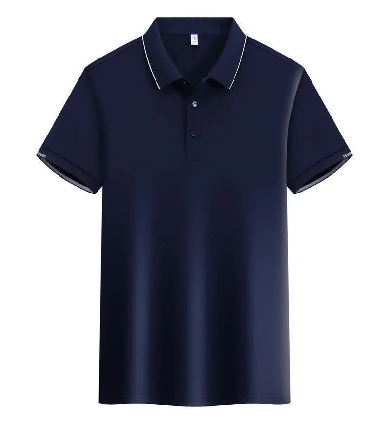 Men's loose fit cotton blend short sleeve polo shirt with a secondary collar lapel.