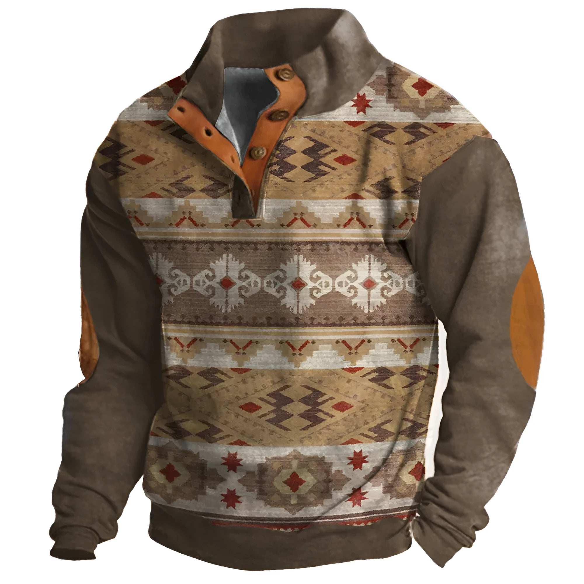 Man wearing a loose grey sweater with a blue 3D geometric digital print pattern and four buttons.
