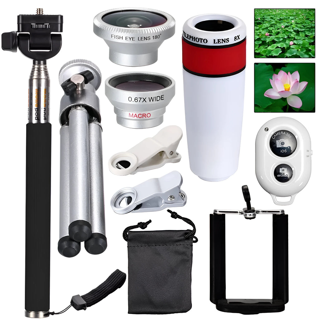 3-in-1 phone lens kit with 8x or 12x telephoto, universal clip, Bluetooth self-timer, cloth bag and lens wiping cloth