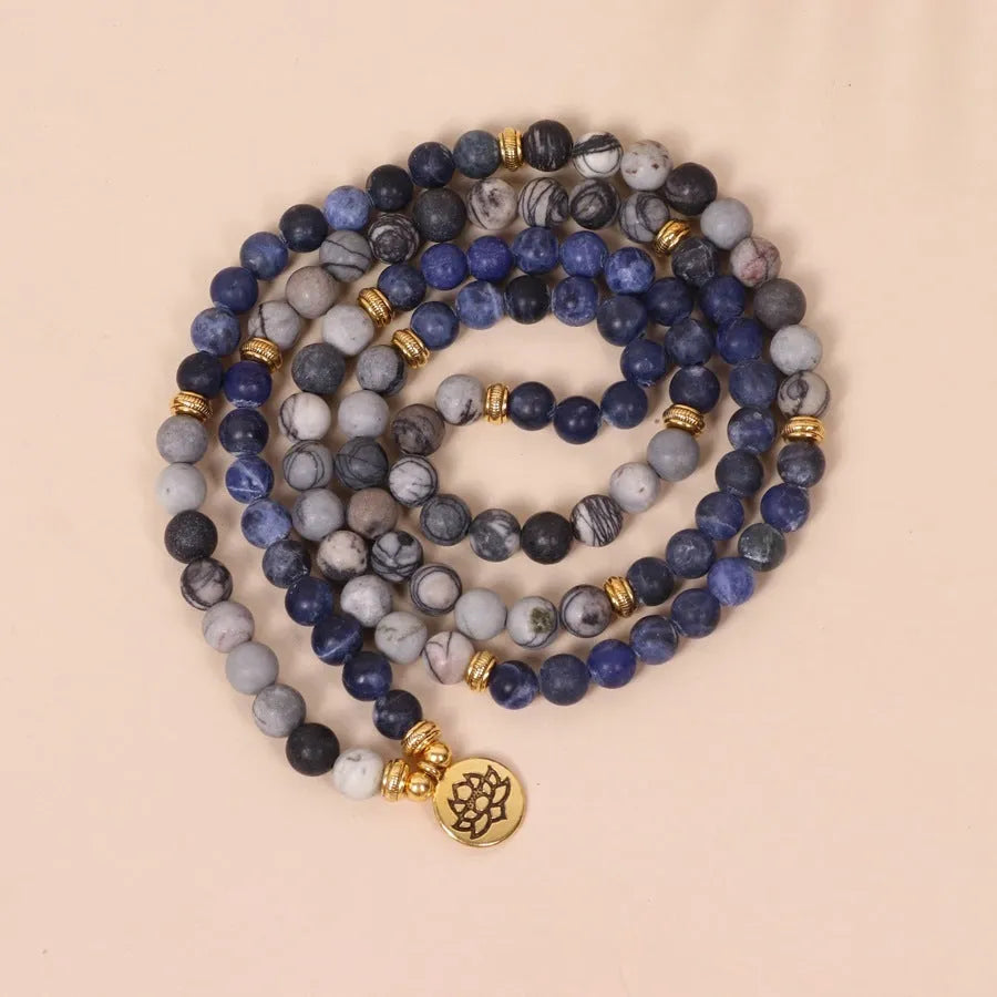 Blue patterned network stone beads on multi-layer alloy bracelet