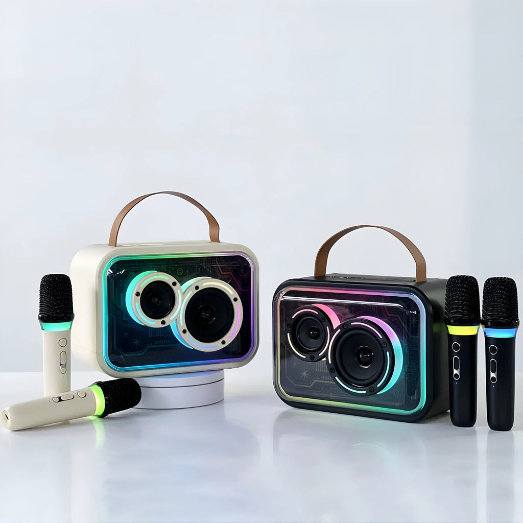 Light yellow and black portable Bluetooth karaoke speaker with RGB lights and microphone.