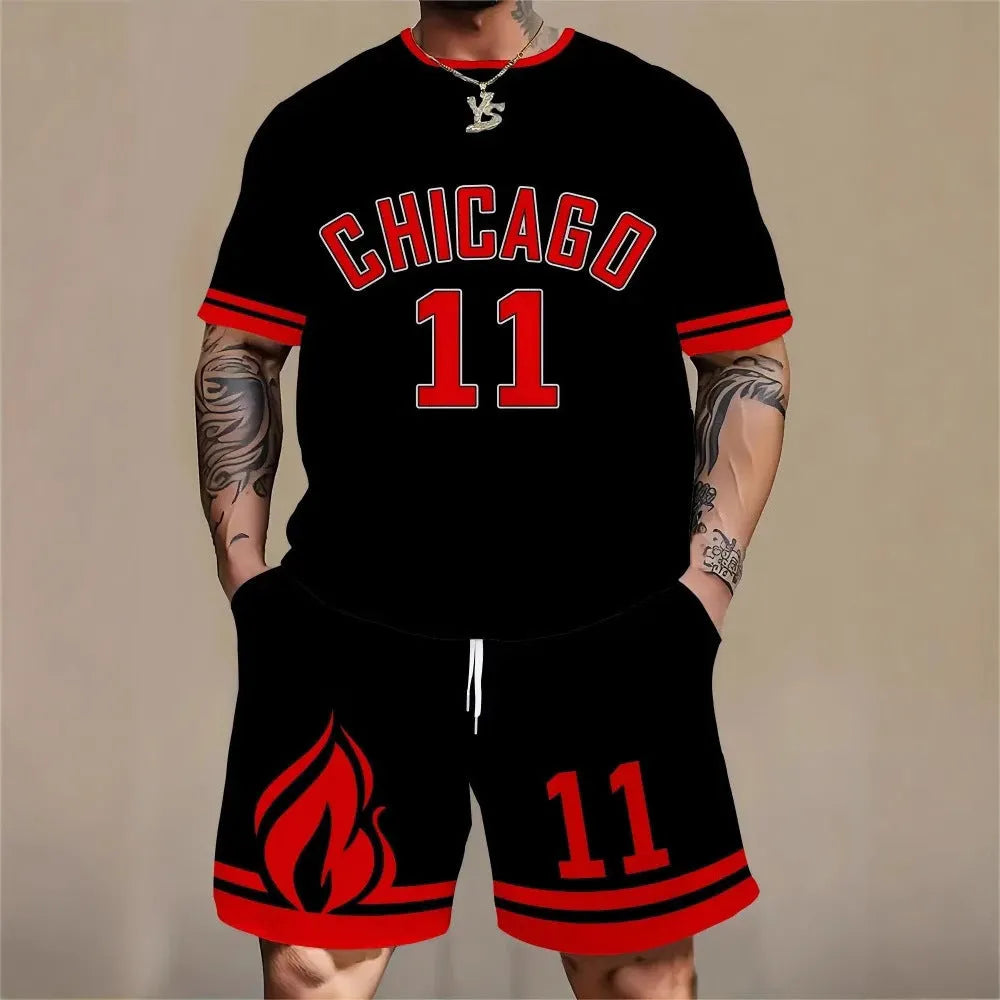 Men's 3D printed polyester suit set with custom letter design, featuring a short sleeve top and matching shorts.
