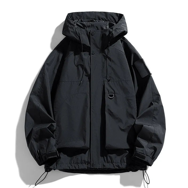 Men's black waterproof windproof hooded jacket on a hanger, showing long sleeves and front zip.