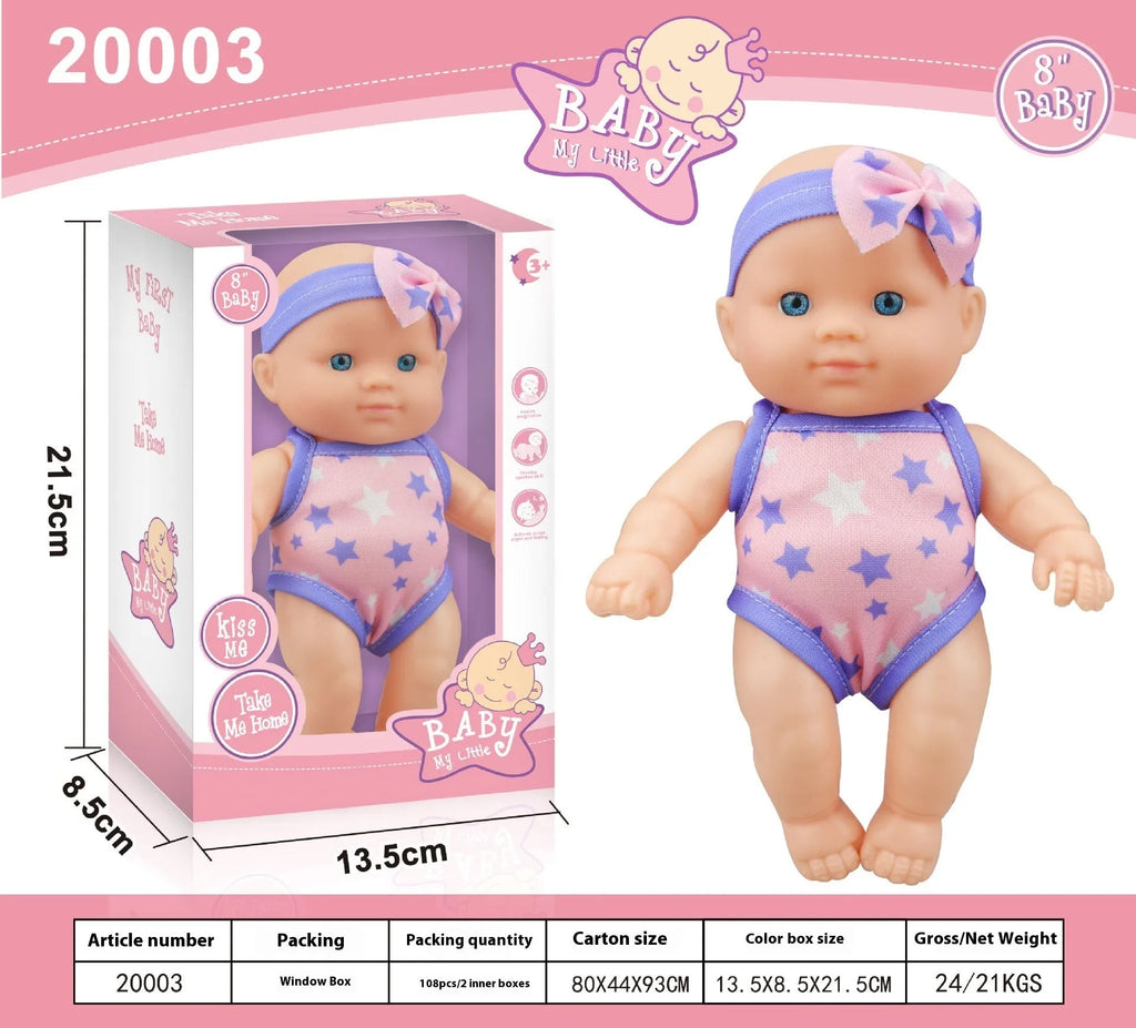 Simulation baby vinyl figurine doll measuring 21.5cm tall, displayed in one of six available colour finishes.