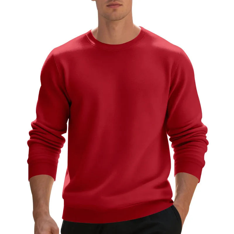 Men's fleece-lined crew neck sweater in black, loose fit, long sleeves, pullover style