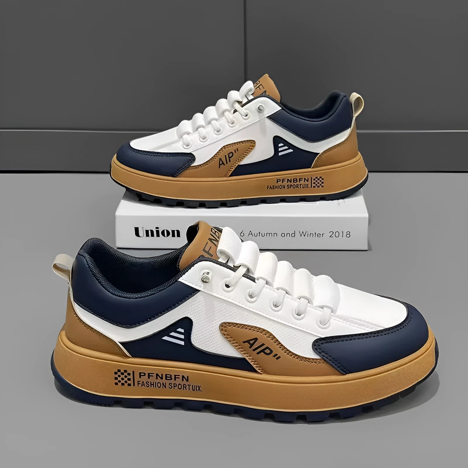 Men's solid colour casual shoes with round toe and artificial PU uppers in white/orange, black, and brown.