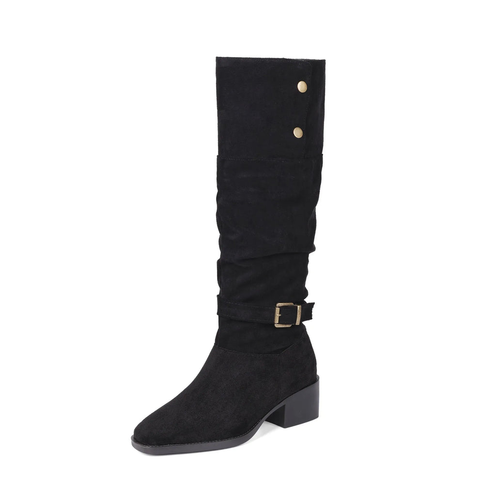 Chunky heel ankle Martin boots with square toe, wrinkled synthetic leather upper, black colour, 3-5cm mid heel.