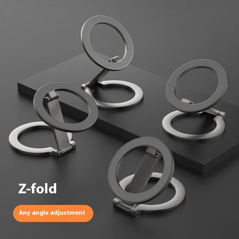 Full metal desktop stand with fastened ring bracket for phone or tablet, shown in black or silver.