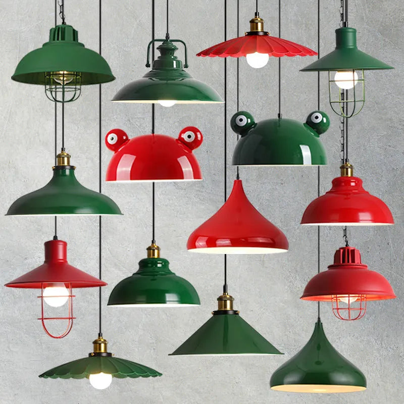 Industrial iron ceiling chandelier with dark green nostalgic lampshade, 220V, D20 35cm or D8 30cm size options