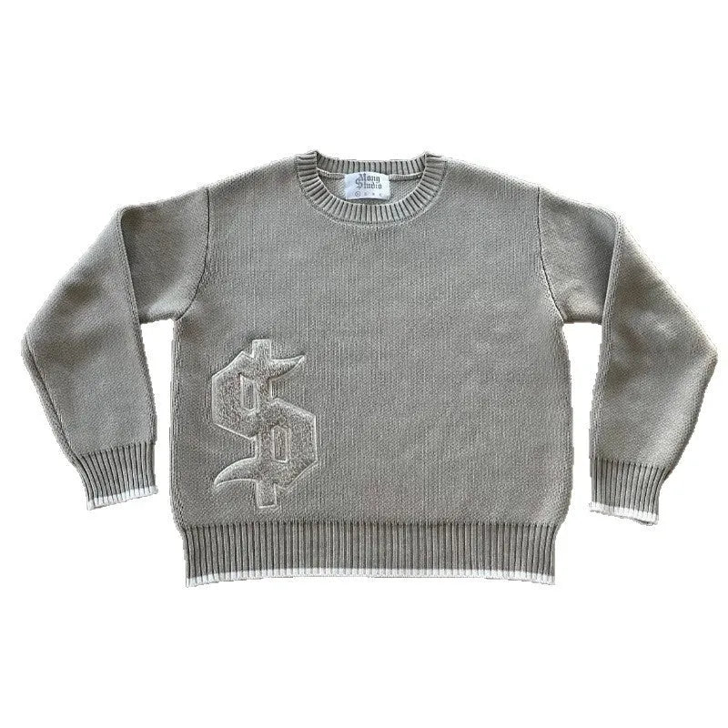 Grey loose-fitting jacquard knit coat for women, long sleeve pullover style.