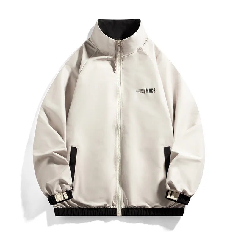 Men's casual double-sided wear stand-up collar jacket in sport style with side seam pockets, polyester fibre, black colour