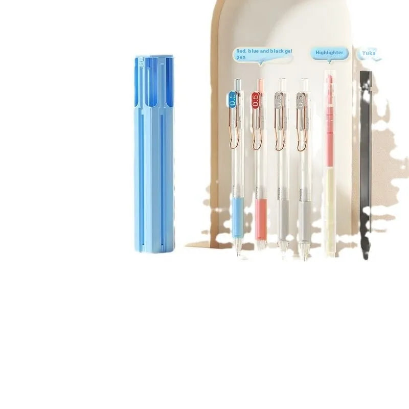 Six pen pressing pen pencil box kit in plastic case showing colour options and version differences