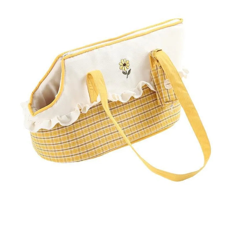 Shoulder cat bag with short plush lining in green, red stripes, or yellow colour options for small pet transport