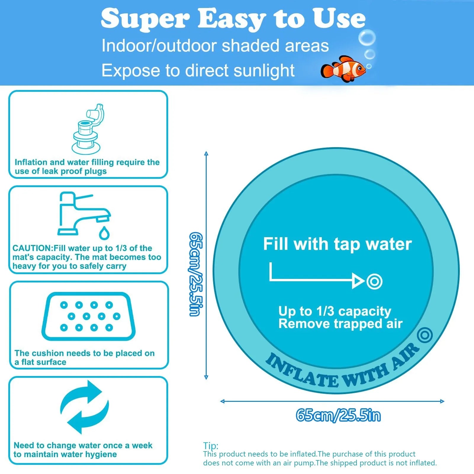 Thickened PVC water playmat for cats and dogs on a floor, showing floating fish toys inside.