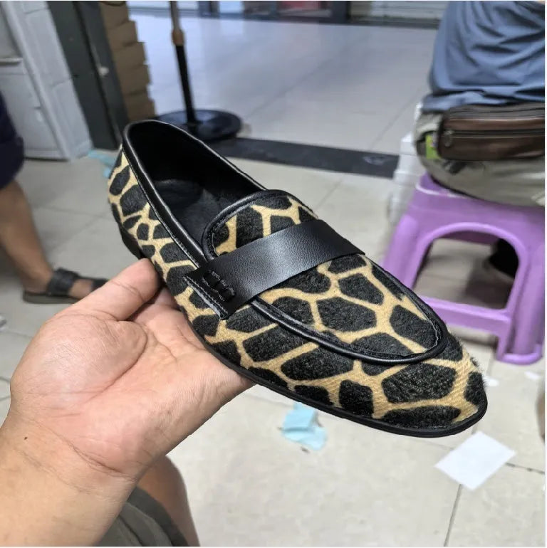 Women's apricot giraffe pattern suede flat loafers with rubber sole, low heel, and round toe