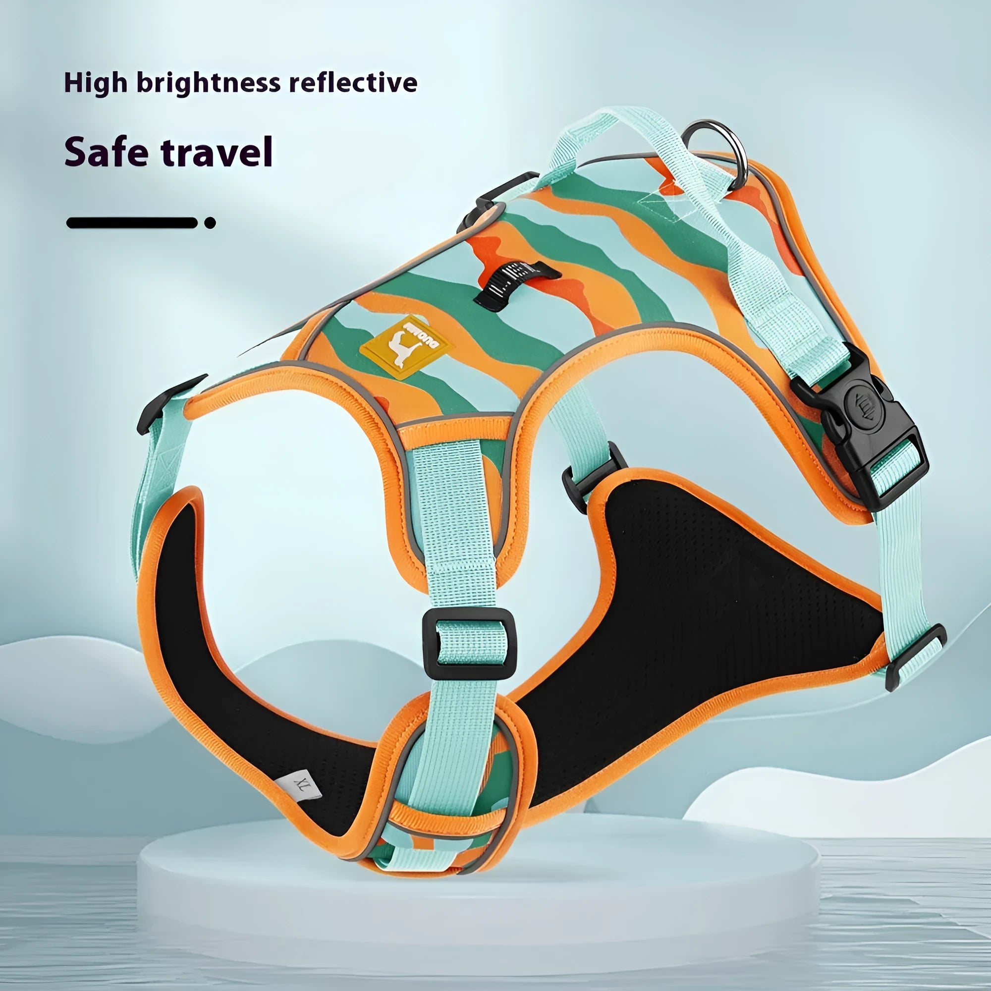 Orange reflective dog chest and back harness lead for walking safety.