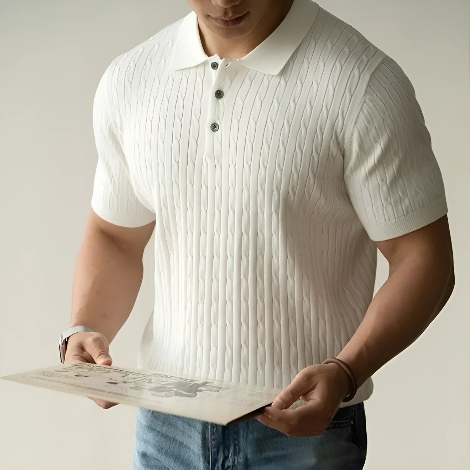Men's short sleeve business top in polyester blend fabric available in khaki, black and white colours