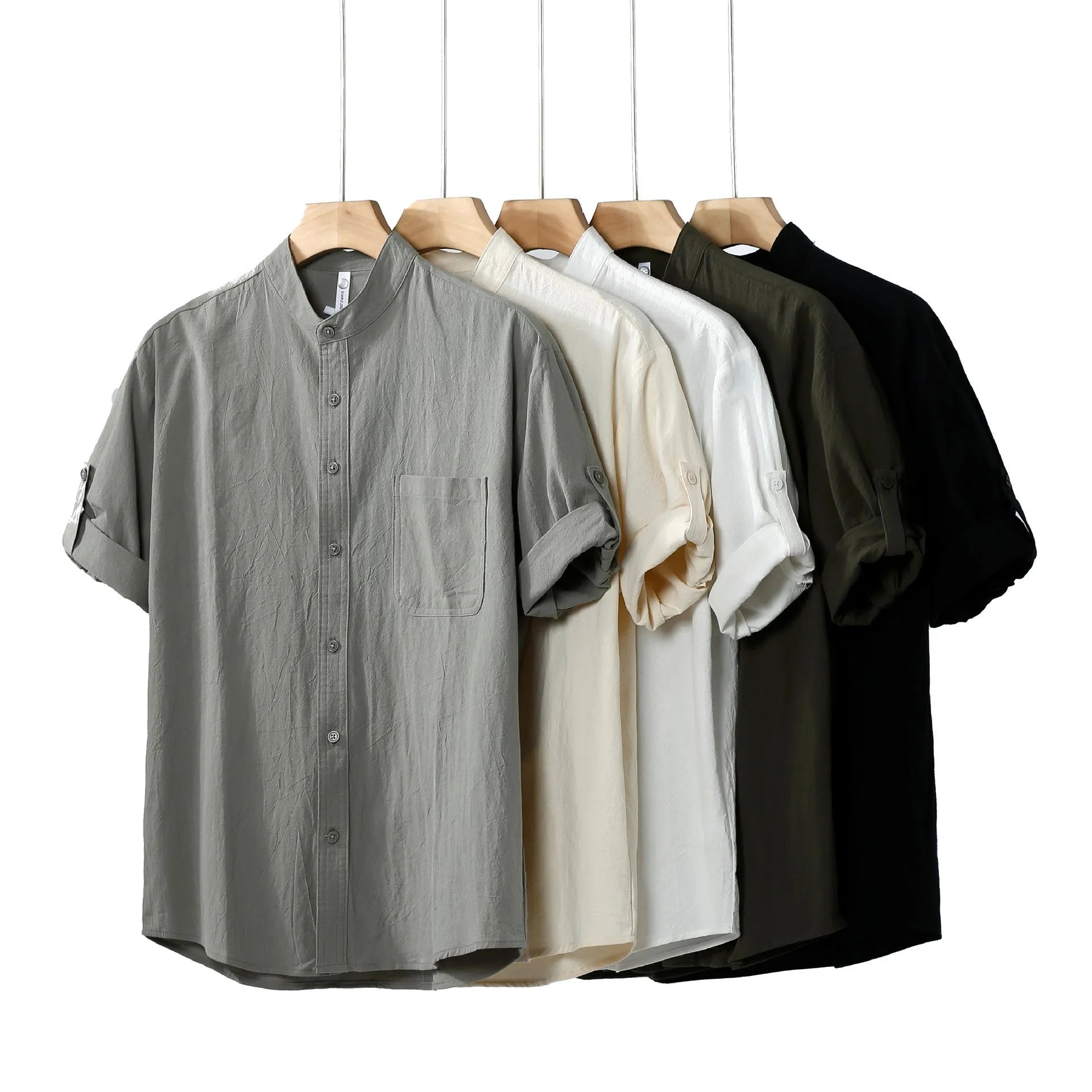 Men's loose fit short-sleeved linen blend shirt in a solid colour with a stand collar
