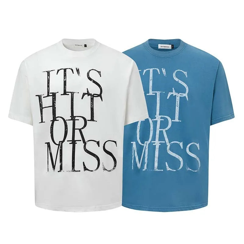 Men's loose fit blue t-shirt with white American retro letter print on the front.