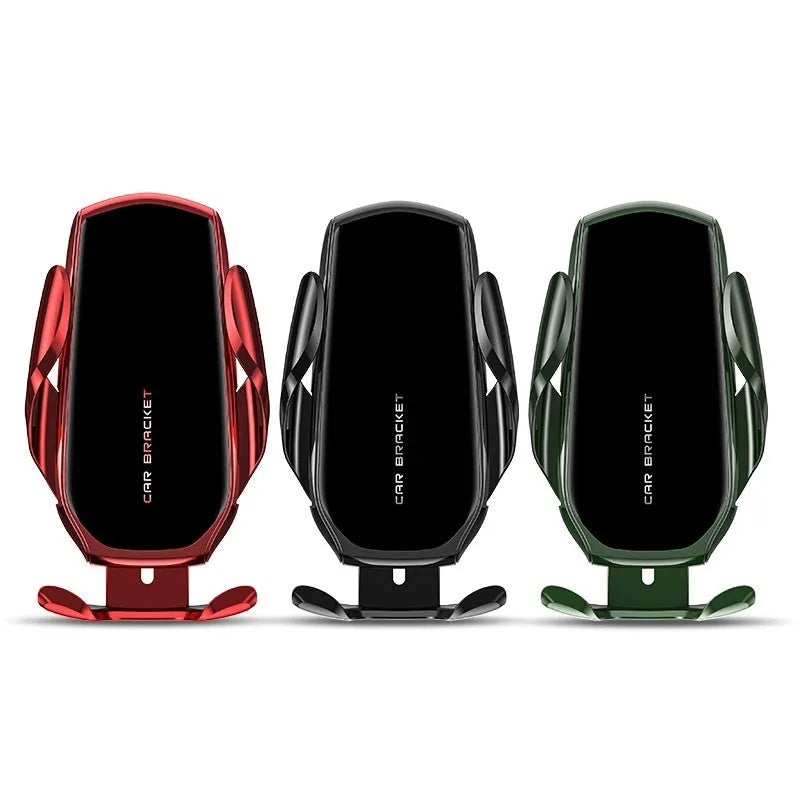 Car air outlet phone holder with wireless charging and electric clamping in black, red, or green