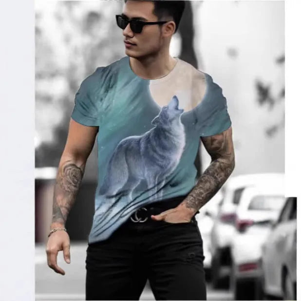 Retro 3D animal print on a men's short-sleeved light grey t-shirt, showing the pullover style and bird eye cloth texture.