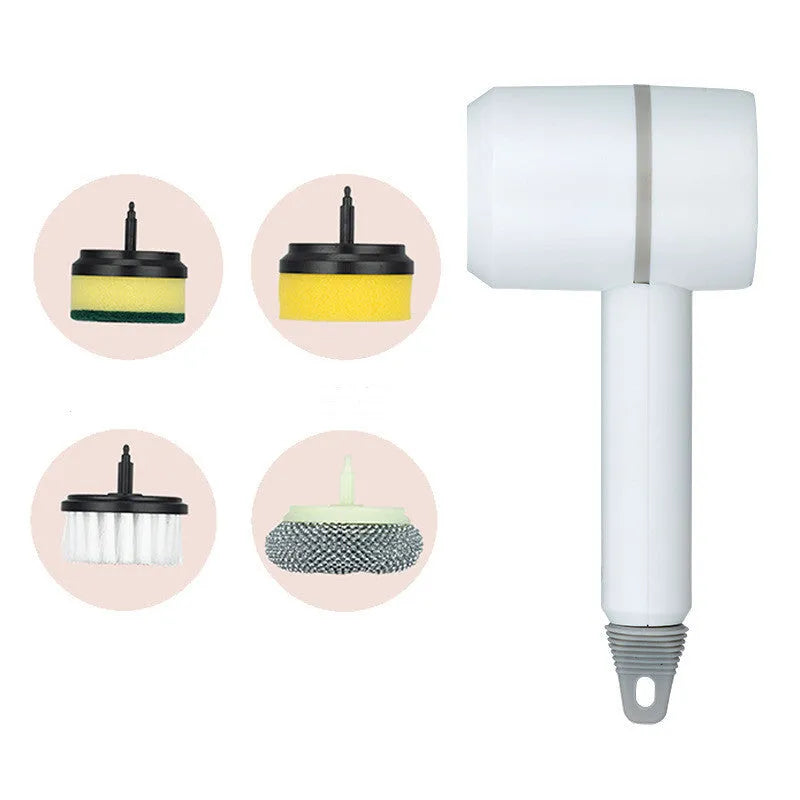 Green USB rechargeable electric cleaning brush with two brush heads on a kitchen counter