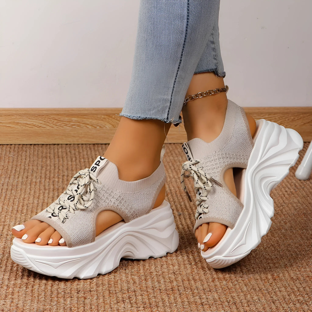 Women's hollowed-out mid heel mesh platform sandals in beige with front lace-up and round toe