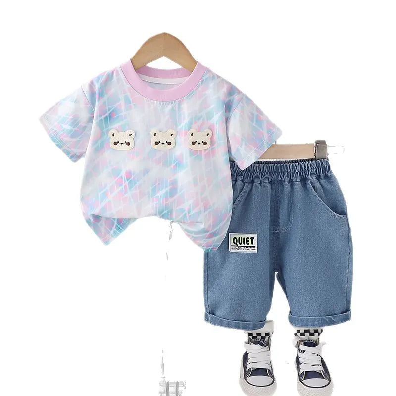 Baby suit three bear short sleeve two-piece set in cotton green colour for 80-130cm height