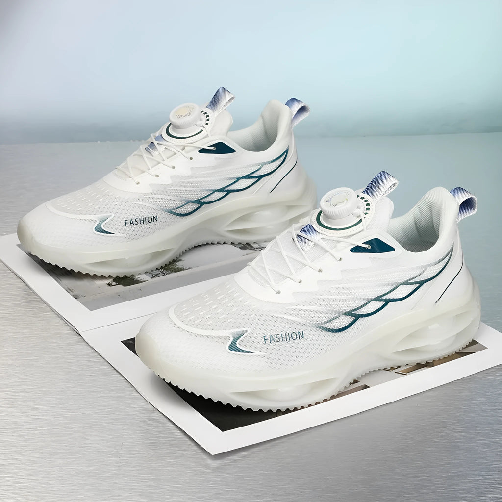 Casual running shoes with breathable PU mesh upper in sky blue, black gold, or white colours with rubber sole