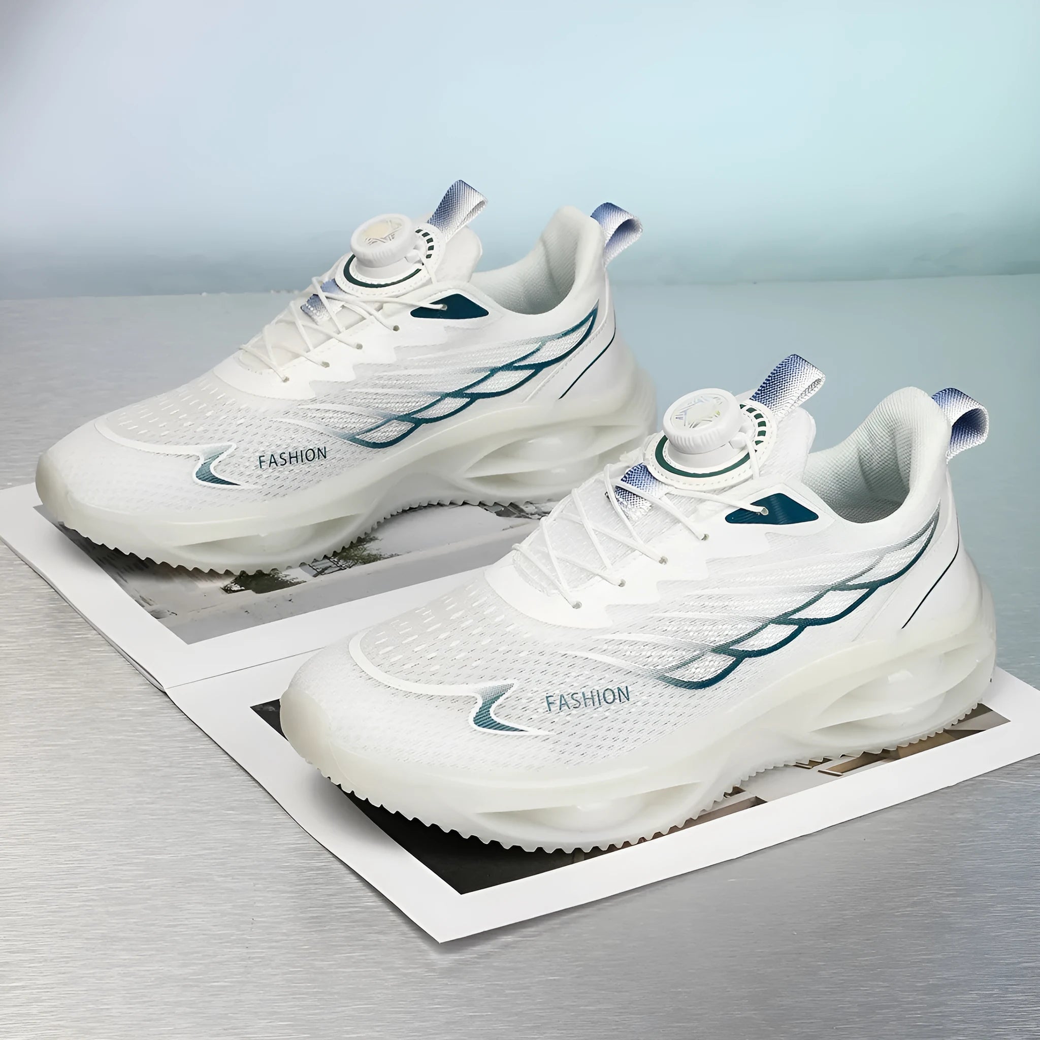 Casual running shoes with breathable PU mesh upper in sky blue, black gold, or white colours with rubber sole