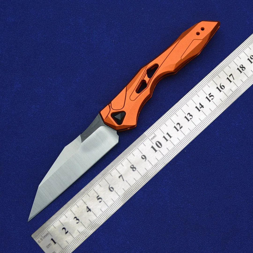 Black folding fruit knife with D2 steel blade and aviation aluminium handle in open position