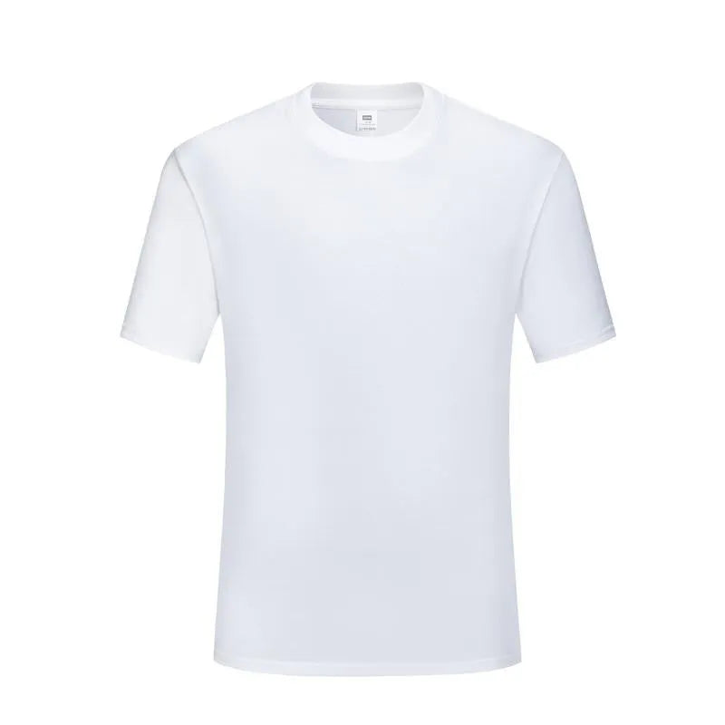 Black and white slim fit round neck short sleeve cotton t-shirt on a hanger.